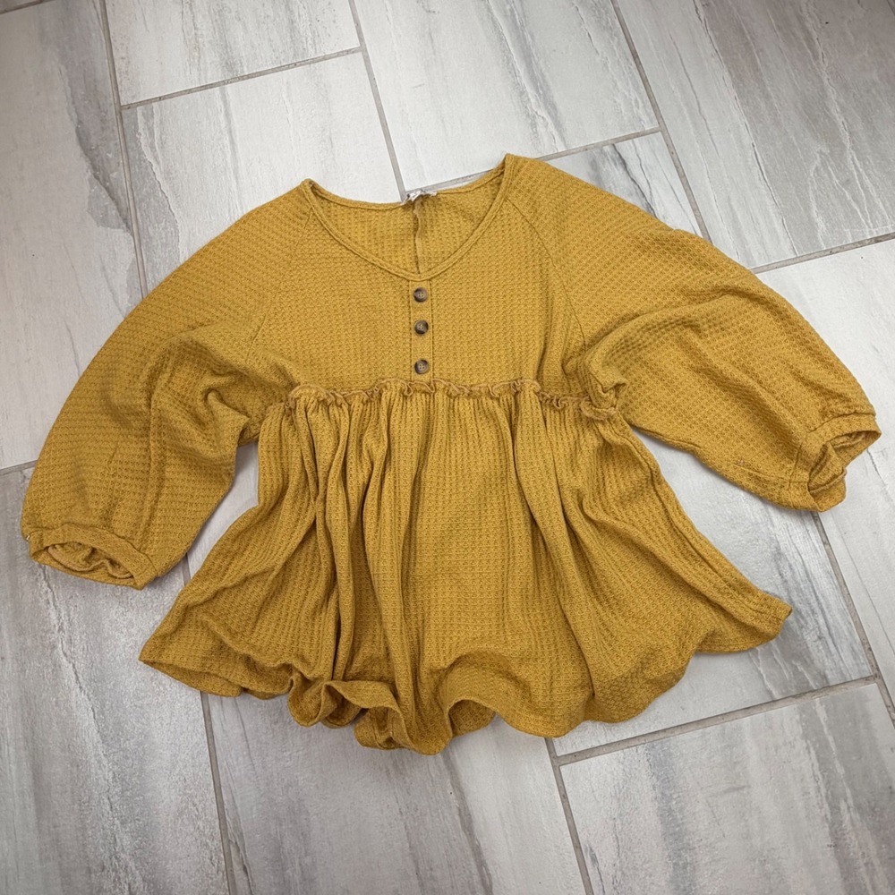 Umgee USA Mustard Yellow Waffle Knit Babydoll Henley Top G2671 M